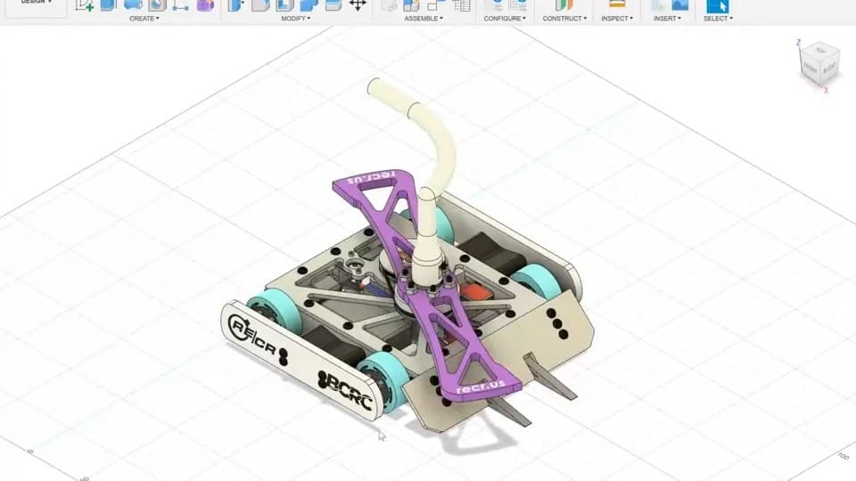 Fusion 360 model of the robot showing the chassis, four wheels and the overhead weapon arm above it.
