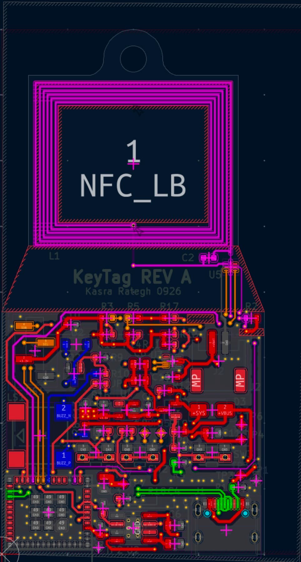 KiCad layout view of the whole board: a large square spiral NFC coil fills the tapered head, with no copper pour inside or beneath it, while the lower half is densely routed around the module, regulator and connectors.
