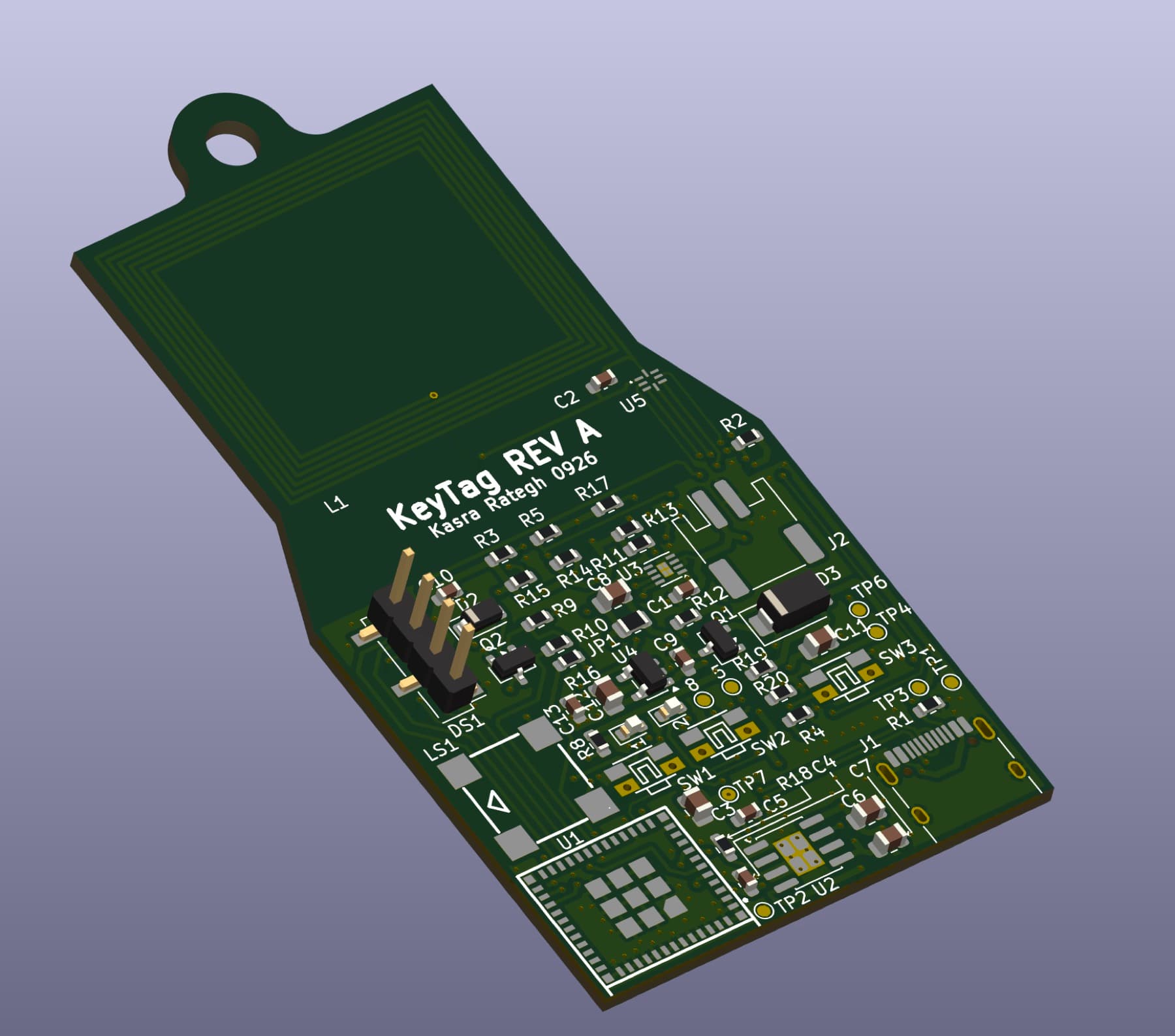 Three-dimensional model of the KeyTag board: a keychain-shaped four-layer PCB with a tapered head carrying the NFC antenna, and a dense component area below.