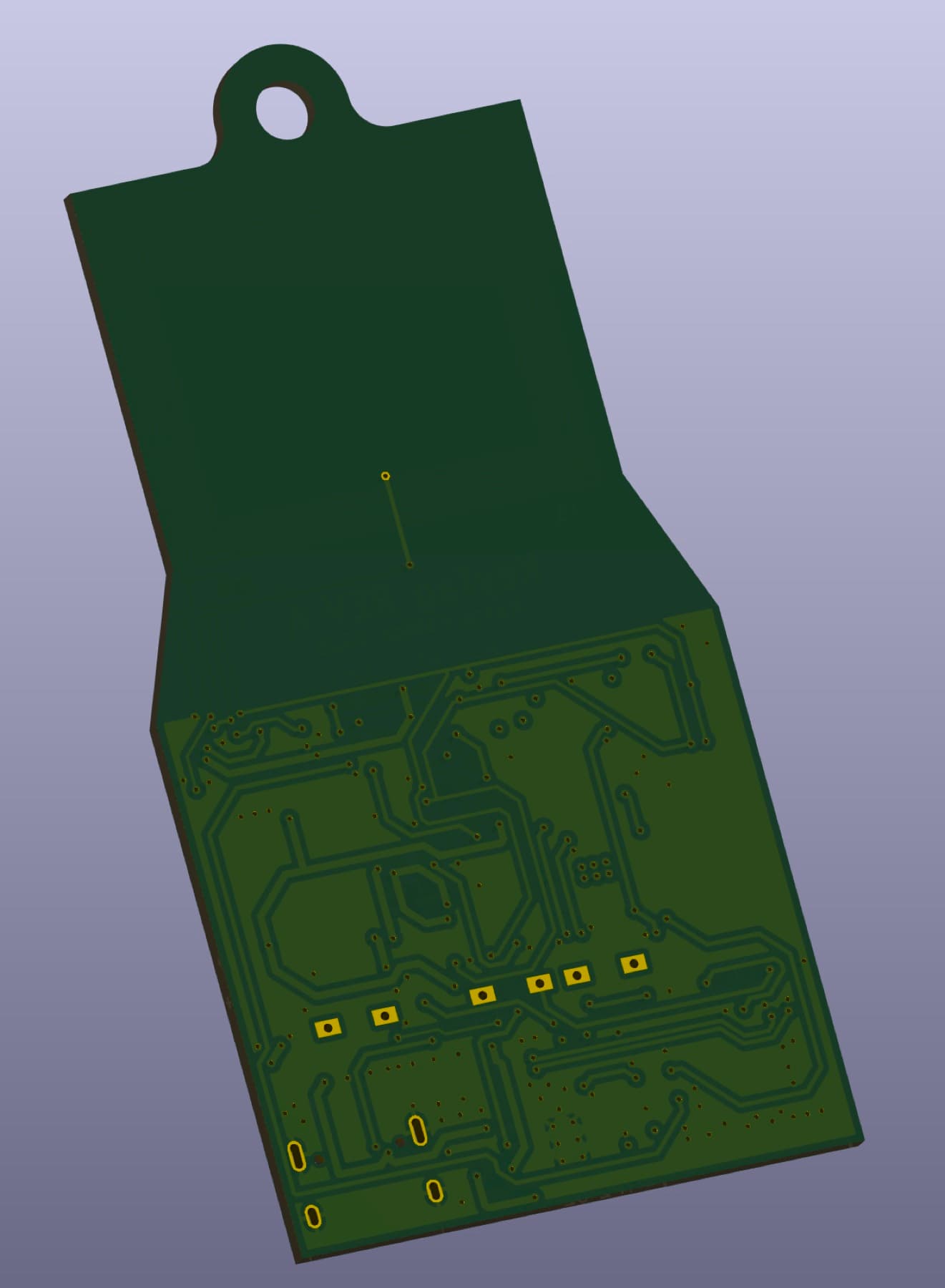 Back render of the board, largely bare copper pour and tracks, with the battery area left clear of anything that stands above the surface.