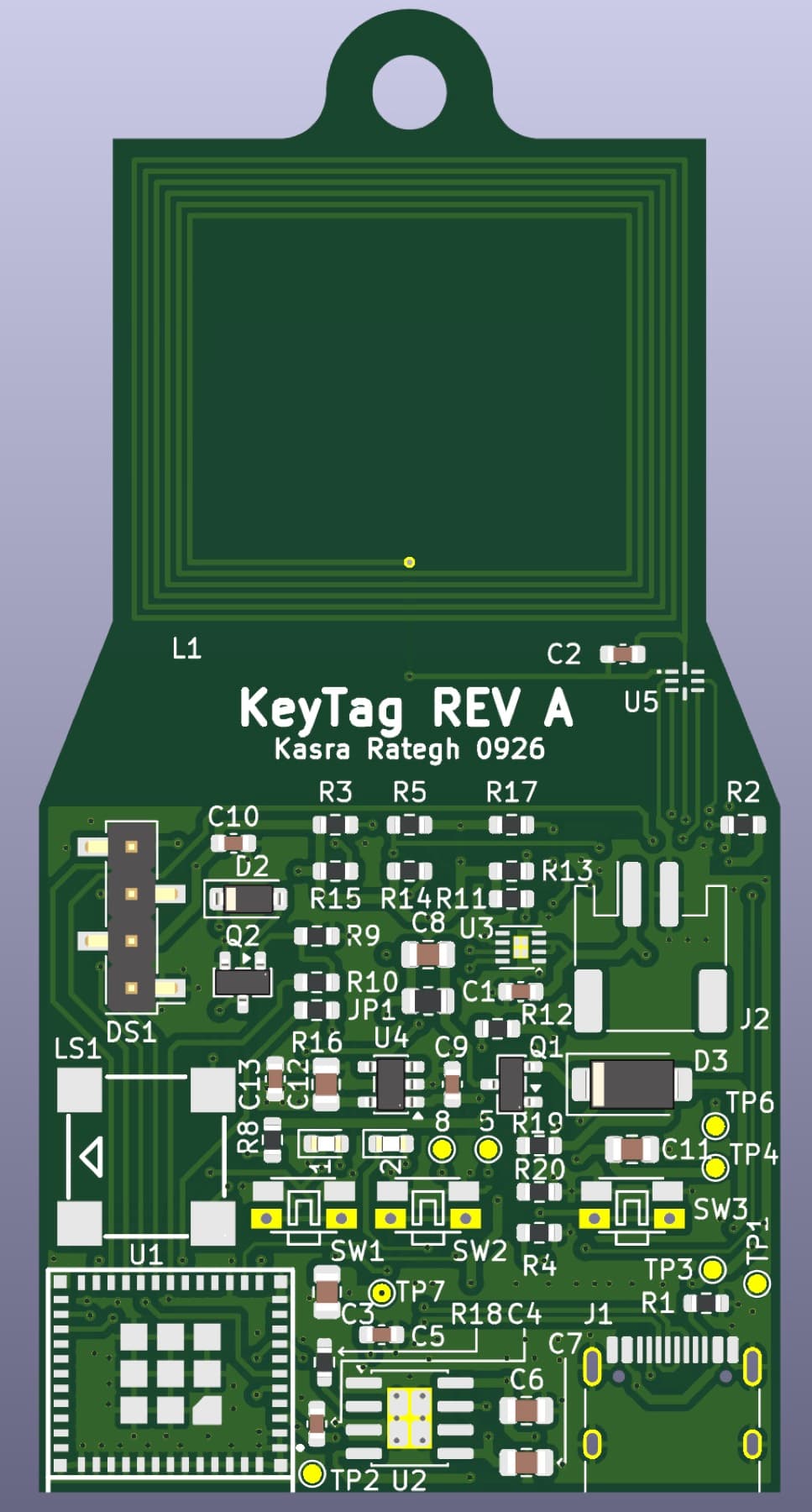 Front render of the assembled board, flat on: the NFC coil in the head, then the module, regulator, charger, buttons, buzzer, OLED header and test points across the lower two thirds.