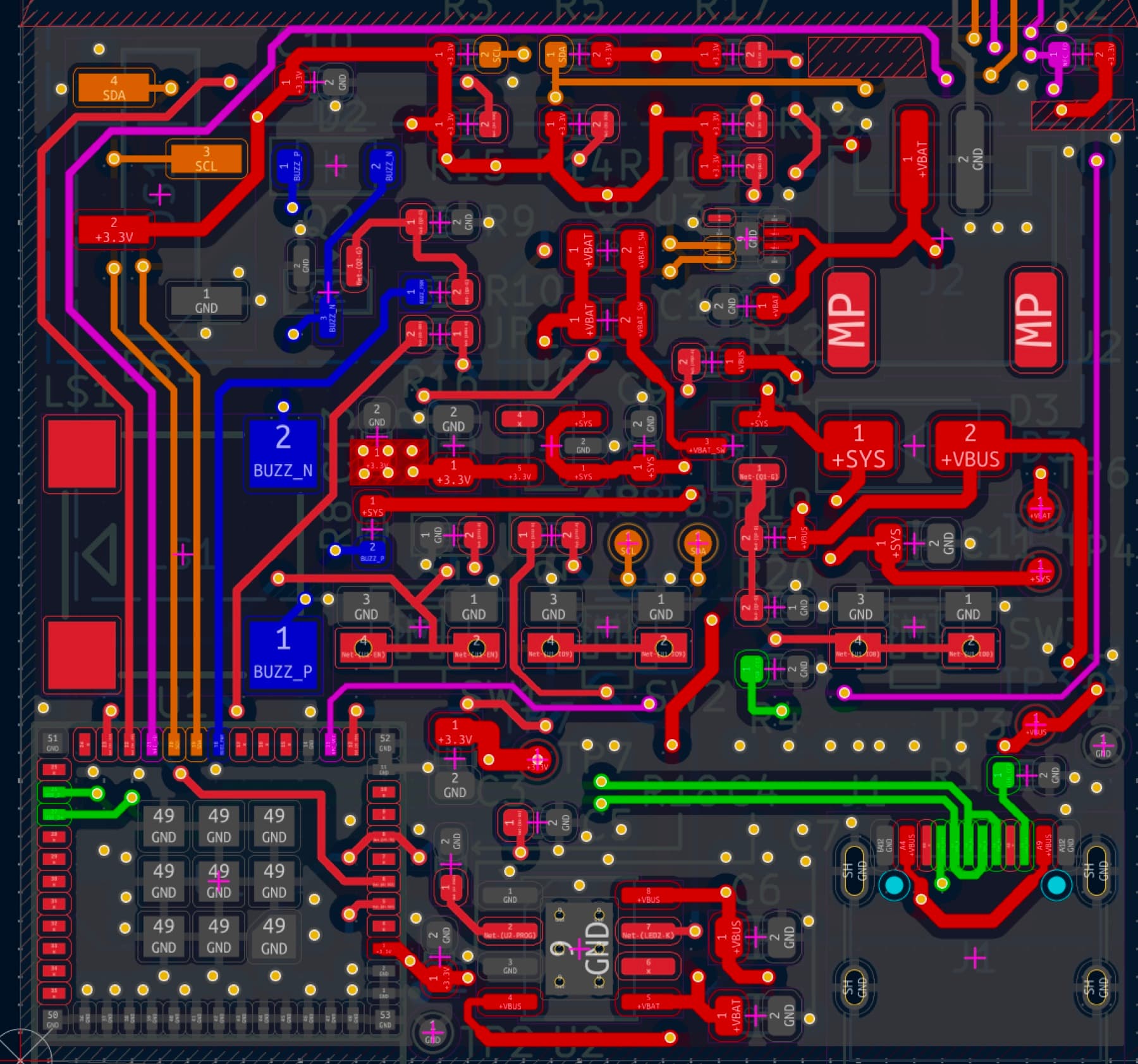 Close-up of the routed area showing power nets in red, I²C in orange, buzzer nets in blue and USB pair in green, with via stitching and ground pours around them.