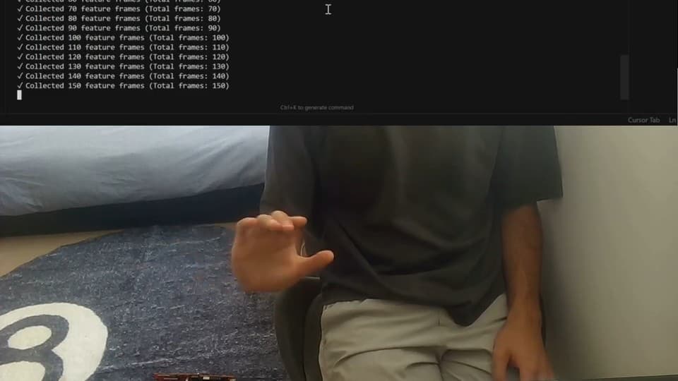 Split screen: a terminal counting collected feature frames up to 150, above a view of a hand waving in front of the radar board.