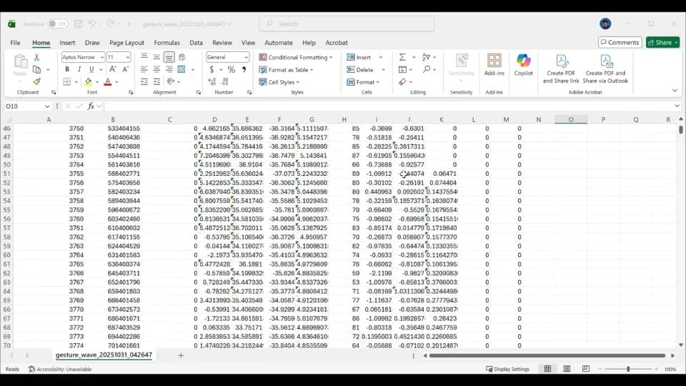 A spreadsheet of captured radar frames: thousands of rows of numeric features including velocity, range and angle columns.
