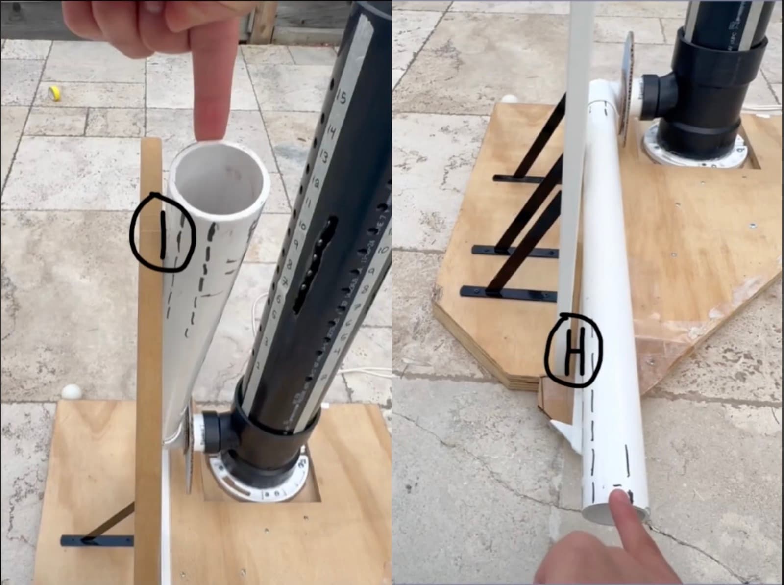 Two close-up views of the barrel against reference marks drawn on its side, labelled H and I, showing the barrel head resting at a different position between shots.